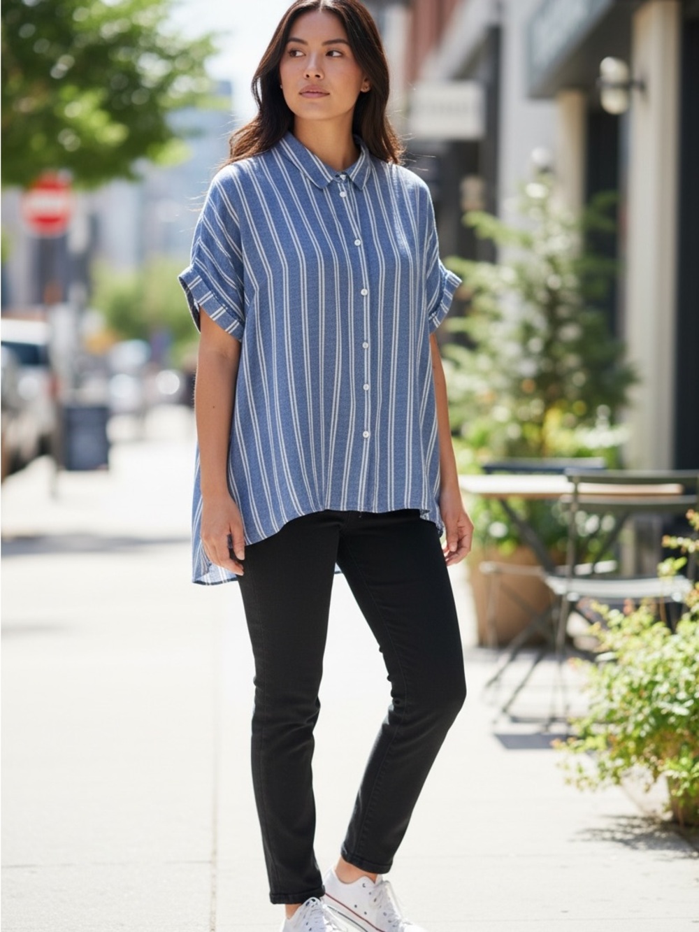 JACHS women's Blue Striped Button-Up short sleeve linen blend  Shirt size xl